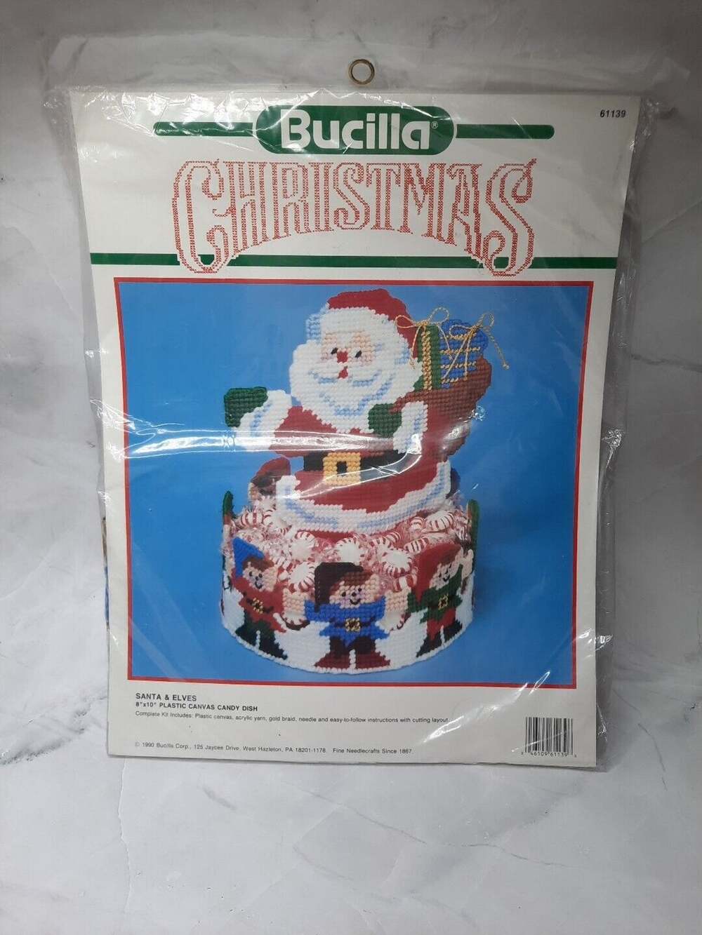 Vintage 1990 Bucilla Christmas Santa & Elves 61139 Plastic Canvas Candy Dish